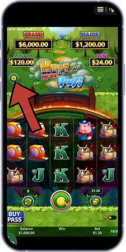 Menú de ajustes del slot Huff n Puff en móvil